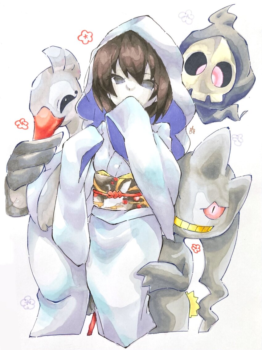 1girl alternate_costume artist_name banette bird black_eyes black_hair black_sash bob_cut bombirdier breasts commentary covered_mouth covering_own_mouth creature creatures_(company) cropped_legs dress duskull empty_eyes funeral_dress game_freak gen_3_pokemon grin hair_between_eyes hands_on_another&#039;s_thigh highres hood hood_up japanese_clothes kimono long_sleeves looking_at_viewer monogatari_(series) multicolored_sash nintendo obi obijime oshino_ougi painting_(medium) pale_skin pokemon pokemon_(creature) print_sash purple_kimono red_eyes red_sash sash short_hair signature simple_background skull sleeves_past_fingers sleeves_past_wrists slit_pupils small_breasts smile solo standing taste_colorful traditional_media two-sided_fabric very_long_sleeves watercolor_(medium) white_background white_bird white_hood white_kimono white_sash yellow_sash yellow_teeth