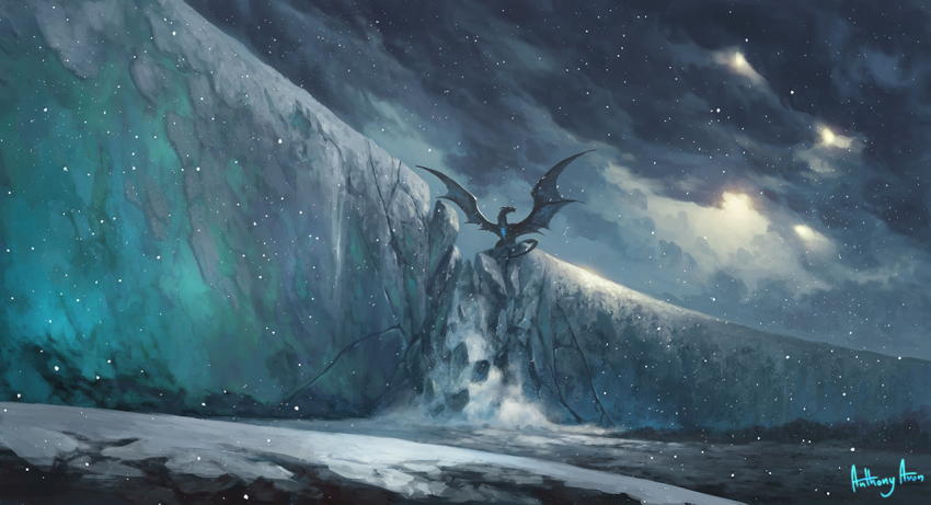 a_song_of_ice_and_fire animal_focus anthony_avon cloud cloudy_sky commentary crack cracked_wall day dragon english_commentary game_of_thrones ice monster no_humans outdoors scenery signature sky snow snowing solo viserion western_dragon wide_shot winter