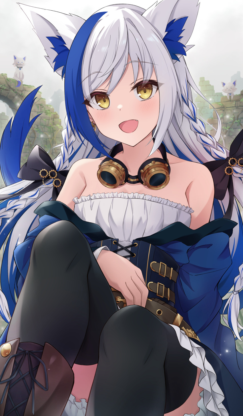 1girl :d absurdres animal animal_ears aomiya_yozuri black_thighhighs blue_hair blue_jacket boots breasts brown_footwear cat cat_ears cat_girl cat_tail corset dress goggles goggles_around_neck highres jacket long_hair long_sleeves looking_at_viewer multicolored_hair off_shoulder open_mouth ruins short_dress sitting smile strapless strapless_dress tail tf_(tfx2) thighhighs two-tone_hair vee_(vtuber) virtual_youtuber white_dress white_hair yellow_eyes