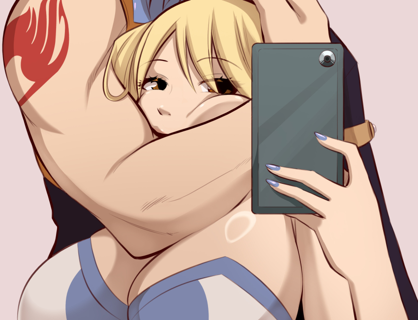 1boy 1girl arm_tattoo blonde_hair breasts character_name cleavage fairy_tail flexing_around_head_(meme) hair_ribbon highres holding holding_phone joshdinobarney large_breasts looking_at_viewer lucy_heartfilia meme muscular muscular_male nail_polish natsu_dragneel phone ribbon selfie shoulder_tattoo smile tattoo