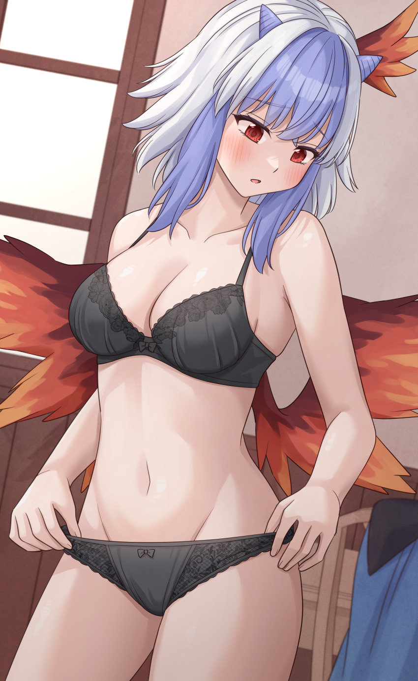 1girl absurdres black_bra black_panties blue_hair blush bow bow_panties bra breasts cleavage collarbone commentary_request cowboy_shot dutch_angle groin head_wings highres horns looking_down medium_breasts medium_hair multicolored_hair navel panties ramie_(ramie541) red_eyes solo stomach tokiko_(touhou) touhou two-tone_hair underwear underwear_only white_hair wings