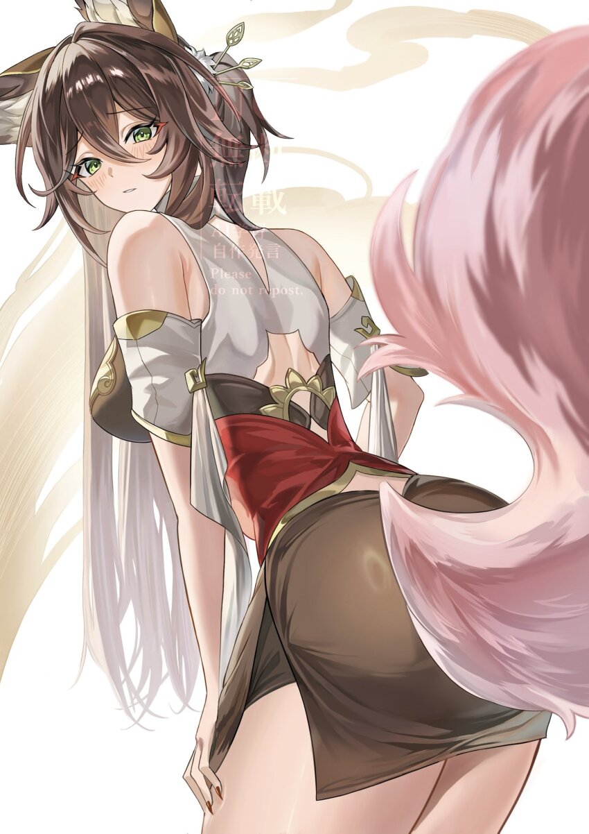 1girl animal_ear_fluff animal_ears black_dress breasts brown_hair chinami_(chinamin_02) chinese_clothes commentary_request dress fox_ears fox_tail from_behind fugue_(honkai:_star_rail) green_eyes highres honkai:_star_rail honkai_(series) large_breasts long_hair red_nails solo tail thighs tingyun_(honkai:_star_rail) white_background