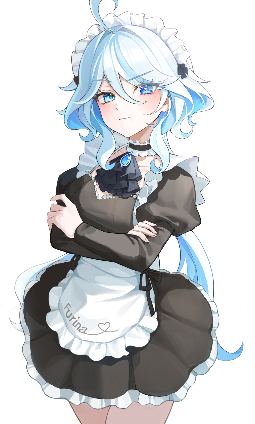 1girl absurdres blue_eyes blue_hair furina_(genshin_impact) genshin_impact highres light_blue_hair long_hair long_sleeves looking_at_viewer maid simple_background solo youwon0417