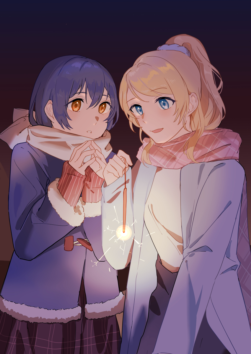 2girls absurdres ayase_eli black_background black_skirt blonde_hair blue_coat blue_eyes blue_hair bow coat cowboy_shot double-parted_bangs duffel_coat enpera fireworks fur-trimmed_coat fur-trimmed_sleeves fur_trim gradient_background hands_up high_ponytail highres holding holding_fireworks light_blush long_sleeves looking_at_another looking_at_object love_live! love_live!_school_idol_project multiple_girls open_mouth orange_eyes own_hands_together parted_bangs pink_scarf plaid_clothes plaid_scarf plaid_skirt ponytail red_shirt scarf scarf_bow scrunchie shirt skirt sleeves_past_wrists sonoda_umi sparkler striped_clothes striped_shirt white_scarf white_shirt winter_clothes yudong_rin