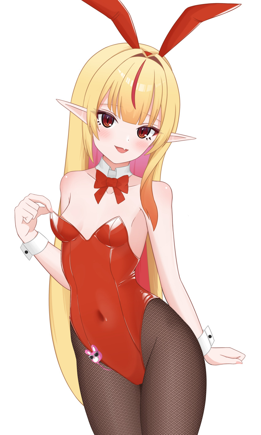 1girl absurdres animal_ears bare_shoulders blonde_hair blush bow bowtie breasts colored_inner_hair detached_collar dsuzu fake_animal_ears fang fishnet_pantyhose fishnets highres idol_corp leotard long_hair looking_at_viewer multicolored_hair open_mouth pantyhose playboy_bunny pointy_ears pulling_own_clothes rabbit_ears red_bow red_bowtie red_eyes red_leotard ruby_runeheart sex_toy simple_background skin_fang small_breasts smile standing strapless strapless_leotard vibrator vibrator_cord virtual_youtuber