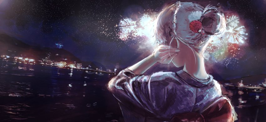 1girl absurdres aerial_fireworks building cloud cloudy_sky fireworks from_behind hair_bun hair_ornament hand_in_own_hair highres japanese_clothes kimono long_sleeves looking_away monogatari_(series) night night_sky oikura_sodachi owarimonogatari rhinth silver_hair single_hair_bun sky solo star_(sky) upper_body yukata