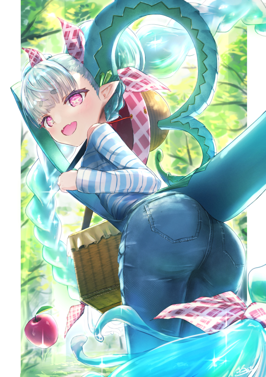 1girl apple aqua_hair asobeco ass basket blue_overalls blue_shirt braid breasts curled_horns fate/grand_order fate_(series) food fruit hair_ribbon hat highres horns larva_tiamat_(fate) long_hair long_horns long_sleeves looking_at_viewer looking_back open_mouth overalls pink_eyes pointy_ears ribbon shirt small_breasts smile solo straw_hat striped_clothes striped_shirt symbol-shaped_pupils tiamat_(exhibition_attire)_(fate) tiamat_(fate) tree twin_braids