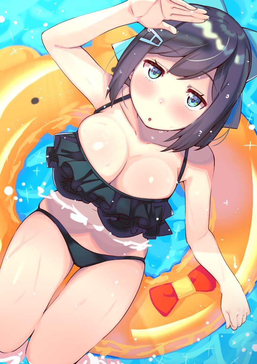 1girl :o a-chan_(hololive) absurdres alternate_breast_size ankimo_(tokino_sora) arm_up bear bikini black_bikini blue_eyes blue_hair breasts cleavage collarbone frilled_bikini frills from_above hair_ornament hairclip highres hololive innertube large_breasts letter_hair_ornament medium_hair no_eyewear partially_submerged solo swim_ring swimming swimsuit thighs tonarikeru virtual_youtuber water