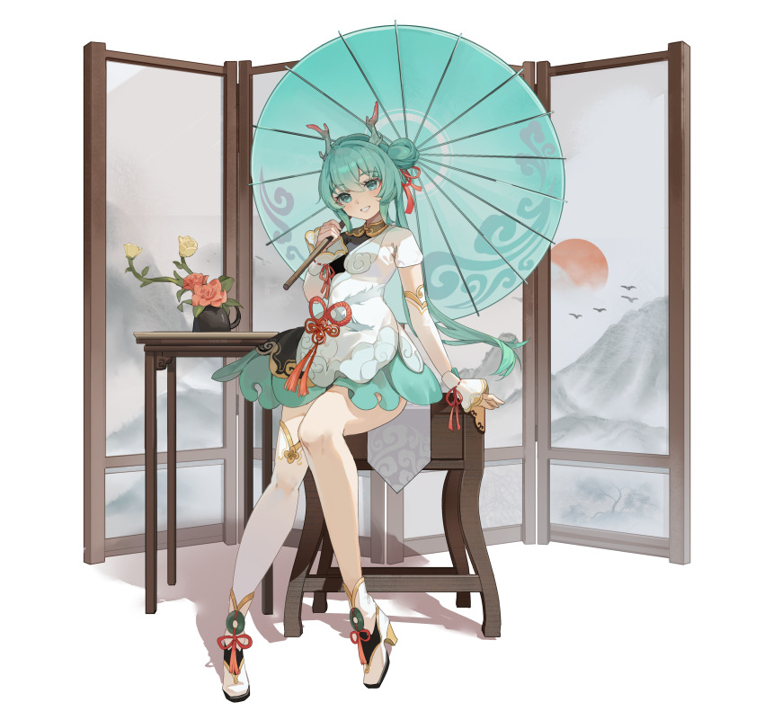 1girl absurdres aqua_eyes aqua_hair arm_support blue_horns blue_umbrella chinese_clothes clothing_request cloud_print commentary_request detached_sleeves double-parted_bangs dragon_print flower flower_pot folding_screen full_body grin hair_between_eyes hair_ribbon hatsune_miku high_heels highres holding holding_umbrella horns kneehighs kuweichuanxin_jr layered_skirt light_blush long_sleeves orange_flower ribbon shirt short_sleeves simple_background single_kneehigh single_sock sitting skirt sleeves_past_wrists smile socks teeth umbrella vocaloid white_background white_footwear white_shirt yellow_flower