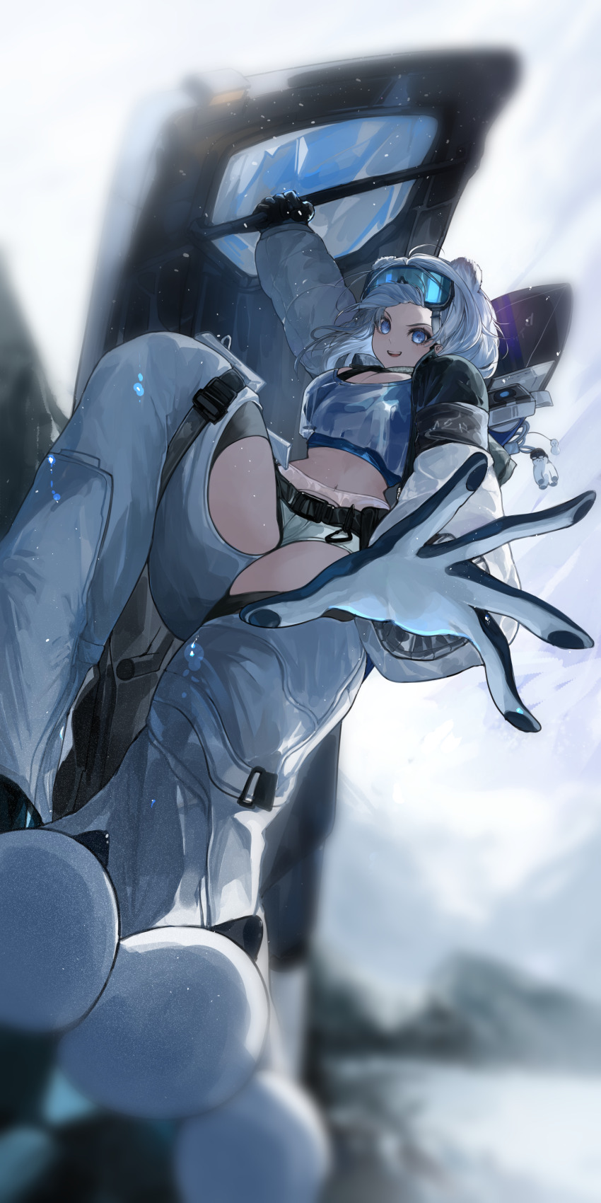 1girl absurdres animal_ears arknights arknights:_endfield aurora_(arknights) bear_ears belt blizzard blue_eyes breasts cleavage clothing_cutout commentary crop_top foot_out_of_frame from_below goggles goggles_on_head highres holding holding_shield large_breasts long_sleeves looking_at_viewer midriff navel outdoors pants reaching reaching_towards_viewer shield short_hair short_shorts shorts shrug_(clothing) ski_goggles snow snowshine_(arknights) thigh_cutout white_footwear white_hair white_pants white_shorts yuki_flourish