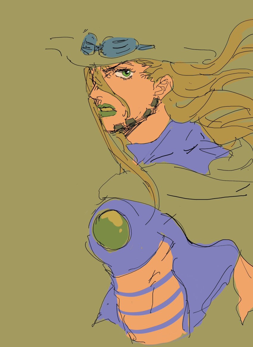 1boy blonde_hair facial_hair goggles goggles_on_headwear green_eyes green_lips gyro_zeppeli hair_between_eyes hashtag-only_commentary hat highres jojo_no_kimyou_na_bouken long_hair looking_back male_focus mrjieshisu purple_shirt shirt short_sleeves solo steel_ball_run