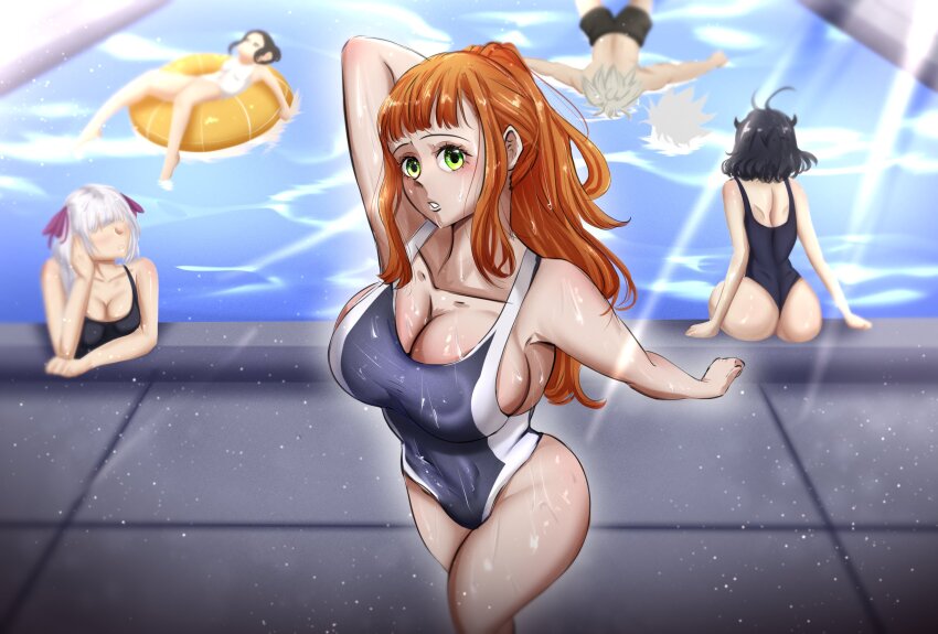 1boy 4girls absurdres ass asta_(black_clover) bad_tag bikini black_clover breasts charmy_papittoson cictemart18 competition_swimsuit green_eyes highres huge_ass large_breasts liebe_(black_clover) looking_at_viewer medium_breasts mimosa_vermillion multiple_girls noelle_silva one-piece_swimsuit pool poolside secre_swallowtail shy small_breasts solo_focus swimsuit thick_thighs thighs