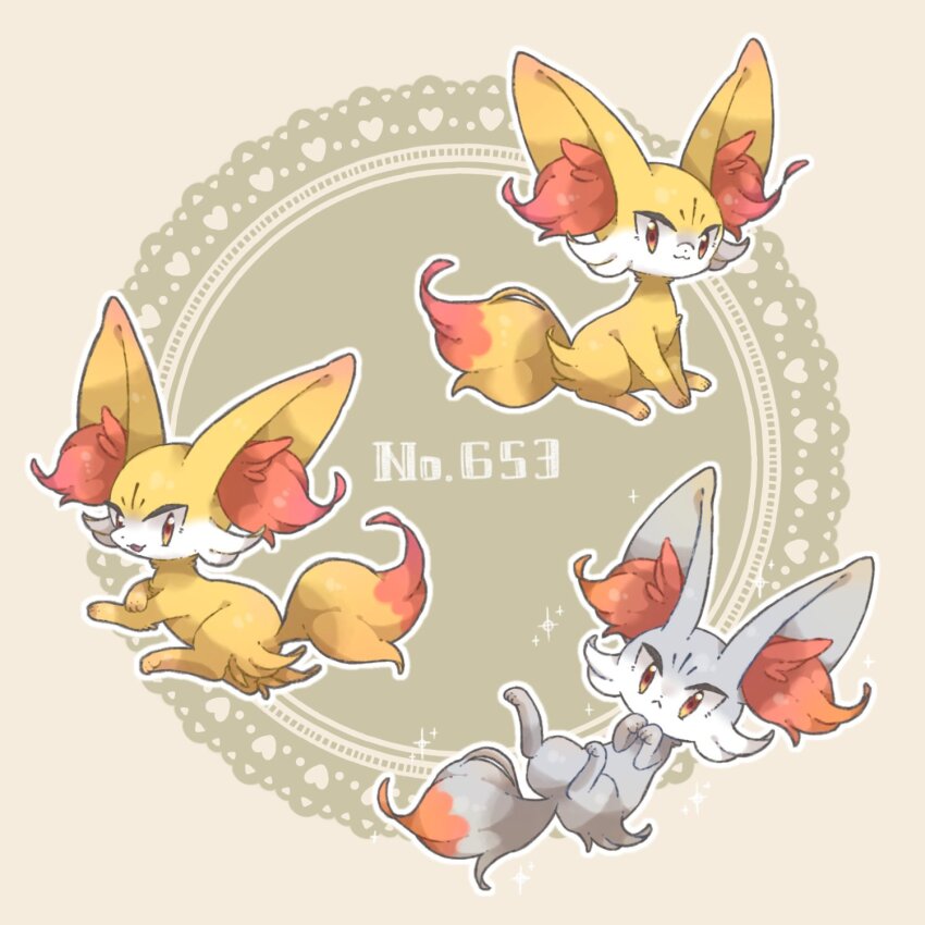 alternate_color animal_focus border commentary_request creatures_(company) fennekin fox game_freak gen_6_pokemon grey_background grey_fur highres nintendo no_humans orange_eyes pokemon pokemon_(creature) shiny_pokemon towa_(clonea) white_border yellow_fur