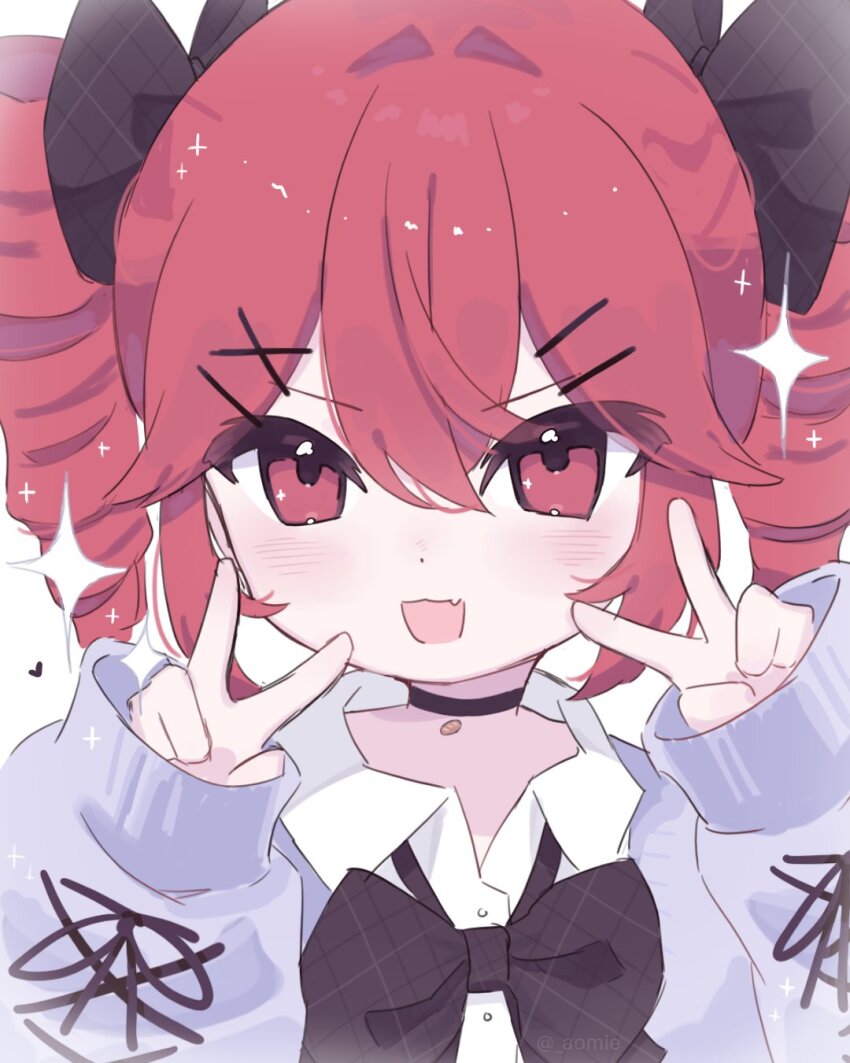 1girl aomie black_bow black_choker blush bow bowtie buttons choker collared_shirt double_v drill_hair hair_bow hair_ornament hairclip highres kasane_teto long_sleeves looking_at_viewer open_mouth portrait red_eyes red_hair shirt simple_background sleeves_past_wrists solo striped_bow twin_drills utau v white_background wing_collar