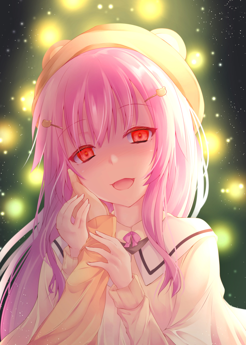 1girl :d bear_hat blush empty_eyes hair_between_eyes hand_grab hand_on_another&#039;s_cheek hand_on_another&#039;s_face head_tilt highres himekuma_ribon konsoramoon long_hair looking_at_viewer open_mouth pink_hair pov pov_hands re:act red_eyes shaded_face smile solo_focus symbol-shaped_pupils upper_body virtual_youtuber yandere