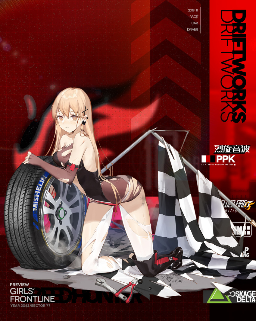 1girl black_footwear black_thighhighs blonde_hair blush boots breasts center_opening character_name checkered_flag clothes_writing cross cross_earrings damaged dress earrings elbow_gloves fingerless_gloves flag flat_tire frown full_body girls&#039;_frontline gloves hair_between_eyes hair_ornament highres jewelry kneeling light_brown_hair long_hair looking_at_viewer multiple_piercings official_alternate_costume official_art ppk_(girls&#039;_frontline) ppk_(mach_tempest)_(girls&#039;_frontline) race_queen see-through_clothes short_dress sidelocks sleeveless sleeveless_dress smile smile_(mm-l) solo thighhighs torn_clothes unused_tire wet wheel