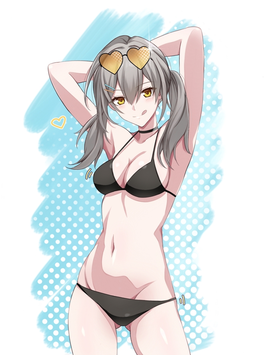 1girl armpits arms_behind_head bikini black_bikini blue_background breasts commentary_request cowboy_shot eyewear_on_head gluteal_fold heart heart-shaped_eyewear highres honkai:_star_rail honkai_(series) medium_breasts medium_hair navel saint_laurent_paris solo stelle_(honkai:_star_rail) stomach swimsuit thighs trailblazer_(honkai:_star_rail) twintails yellow_eyes