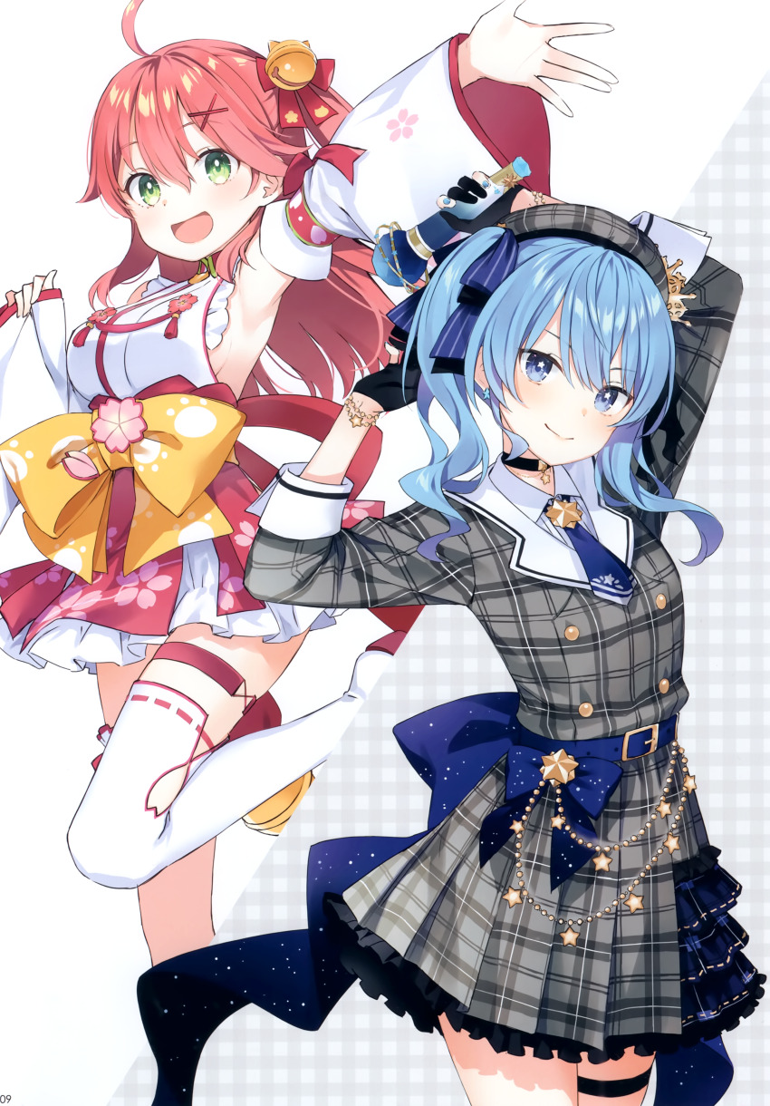 2girls absurdres ahoge armpits bell belt beret blue_eyes blue_hair bracelet breasts choker earrings fingerless_gloves fingernails floral_print frilled_skirt frills gloves green_eyes hat highres holding hololive hoshimachi_suisei japanese_clothes jewelry jingle_bell leg_up long_hair looking_at_viewer medium_breasts microphone multiple_girls nail_polish open_mouth page_number red_hair ribbon sakura_miko scan simple_background single_thighhigh skirt smile thigh_strap thighhighs twintails virtual_youtuber wide_sleeves yuuki_hagure