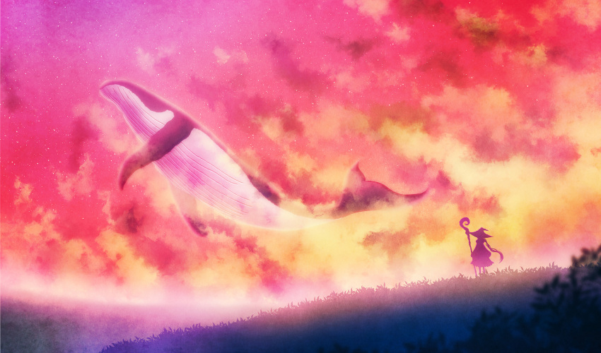 1girl blurry blurry_foreground cloud cloudy_sky dress grass hat highres holding holding_staff horizon long_hair mage_staff original outdoors pink_sky red_sky scenery sky staff star_(sky) starry_sky urara_(1112132) whale wizard wizard_hat yellow_sky