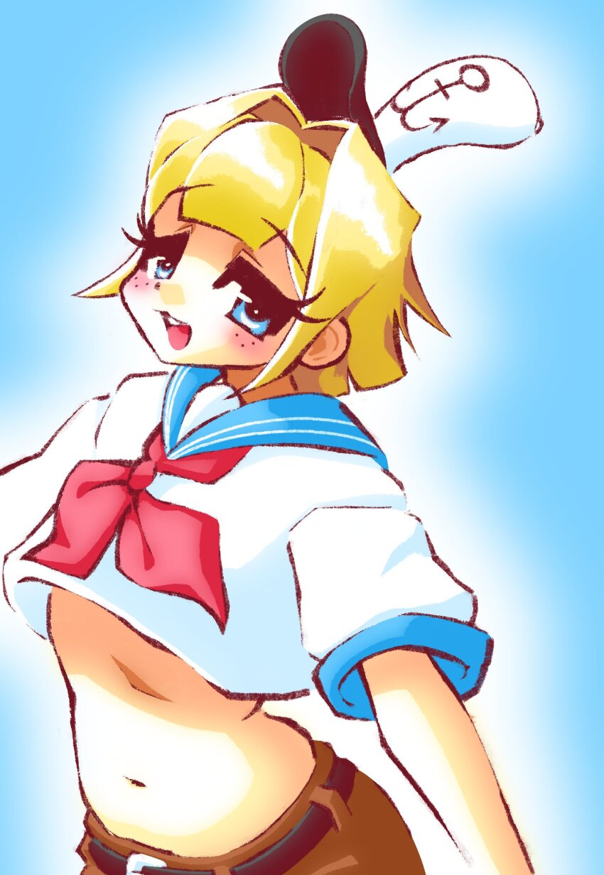 belt blonde_hair blue_eyes blue_sailor_collar blunt_bangs blush bob_cut crop_top dreamscreep eyelashes freckles hair_intakes hat highres humanization navel sailor_collar short_hair smile solo spongebob_squarepants spongebob_squarepants_(series)