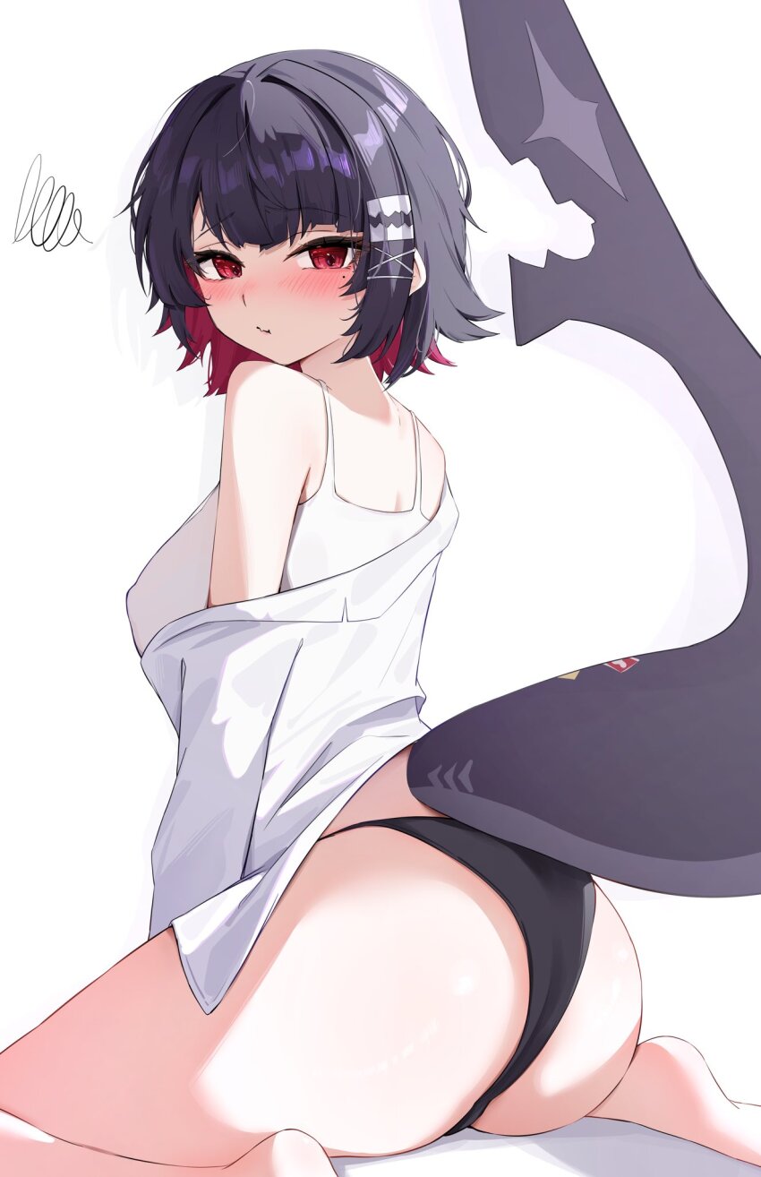 1girl ass black_hair black_panties blush closed_mouth colored_inner_hair ellen_joe fins fish_tail from_behind hair_between_eyes hair_ornament hairclip highres looking_back mole mole_under_eye multicolored_hair nenight panties red_eyes red_hair shark_girl shark_tail shirt short_hair sidelocks simple_background solo tail two-tone_hair underwear white_background white_shirt zenless_zone_zero