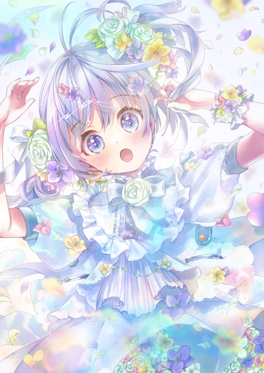 1girl :o arms_up blue_eyes blush commentary_request dress ech flower green_flower green_rose grey_hair hair_between_eyes hair_flower hair_ornament head_tilt highres looking_at_viewer open_mouth original pink_flower puffy_short_sleeves puffy_sleeves purple_eyes purple_flower rose short_sleeves solo white_dress yellow_flower