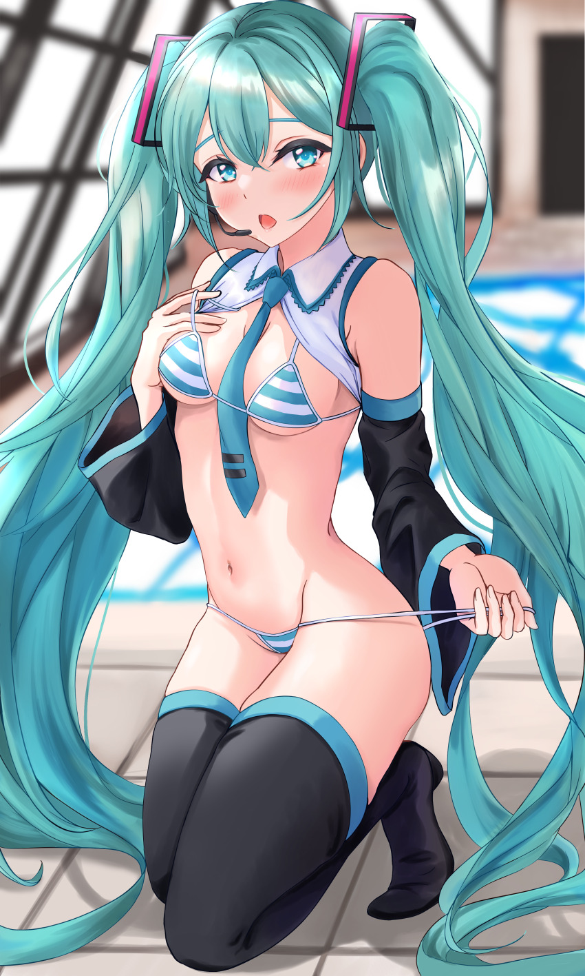 1girl absurdres aqua_eyes aqua_hair aqua_necktie bikini black_sleeves black_thighhighs blush breasts clothing_cutout detached_sleeves gucchimax hair_between_eyes hatsune_miku highres long_hair looking_at_viewer medium_breasts microphone navel necktie open_mouth rei_no_pool solo stomach striped_bikini striped_clothes swimsuit thighhighs twintails very_long_hair vocaloid