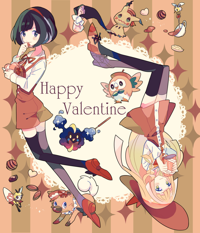 2girls alternate_costume black_eyes black_hair black_thighhighs blonde_hair box commentary_request cosmog creatures_(company) cup cutiefly dress game_freak gen_7_pokemon gift gift_box green_eyes hairband happy_valentine hat heart highres legendary_pokemon lillie_(pokemon) long_hair long_sleeves mimikyu multiple_girls nagatsukiariake nintendo pokemon pokemon_(creature) pokemon_sm red_dress ribombee rockruff rowlet selene_(pokemon) short_hair teacup thighhighs valentine