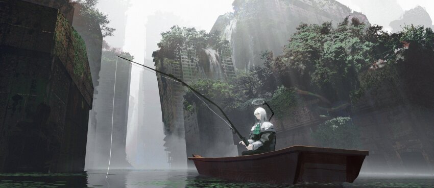 1girl absurdres asteroid_ill boat building fishing fog halo highres on_boat original river ruins scenery solo watercraft white_hair