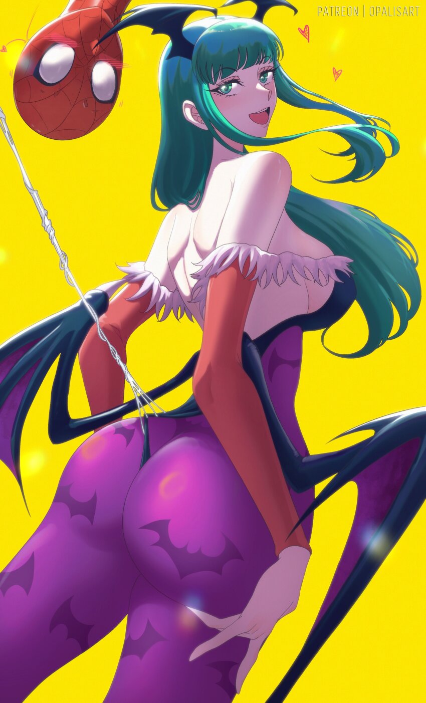 1boy 1girl absurdres animal_print ass bare_shoulders bat_print bat_wings black_leotard bodysuit breasts bridal_gauntlets capcom cleavage clothing_cutout crossover demon_girl demon_wings gloves green_eyes green_hair head_wings highres large_breasts leotard leotard_pull long_hair looking_at_viewer marvel marvel_vs._capcom marvel_vs._capcom_2 mask matching_hair/eyes morrigan_aensland opalis pantyhose print_pantyhose purple_pantyhose red_bodysuit smile solo spider-man spider-man_(series) spider_web_print superhero_costume thong thong_leotard vampire_(game) wings yellow_background