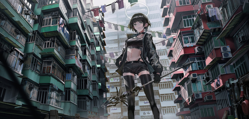 1girl air_conditioner black_collar black_gloves black_hair black_jacket black_shirt black_shorts black_thighhighs blurry blurry_foreground breasts brown_eyes building closed_mouth collar crop_top day depth_of_field gloves halo highres holding jacket long_sleeves looking_at_viewer medium_breasts midriff navel open_clothes open_jacket original outdoors puffy_long_sleeves puffy_sleeves revision shirt short_hair short_shorts shorts solo standing swav thighhighs window