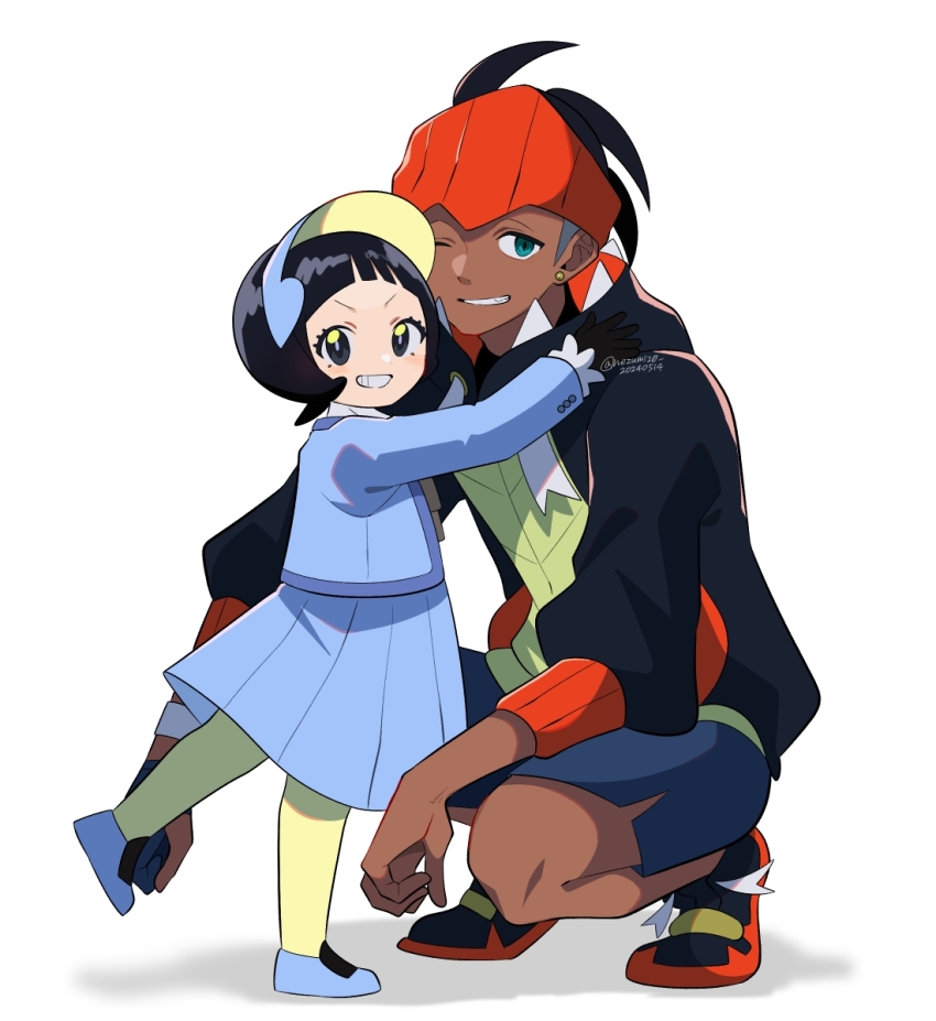 1boy 1girl arched_bangs black_eyes black_footwear black_hair black_hoodie blue_footwear blue_jacket blue_skirt bright_pupils creatures_(company) dark-skinned_male dark_skin earrings game_freak genjitsu_o_miro green_eyes grin headband highres hood hoodie jacket jewelry long_sleeves looking_at_viewer nintendo one_eye_closed orange_headband pantyhose pleated_skirt pokemon pokemon_sv pokemon_swsh poppy_(pokemon) raihan_(pokemon) shoes shorts side_slit side_slit_shorts skirt smile squatting standing teeth yellow_pantyhose