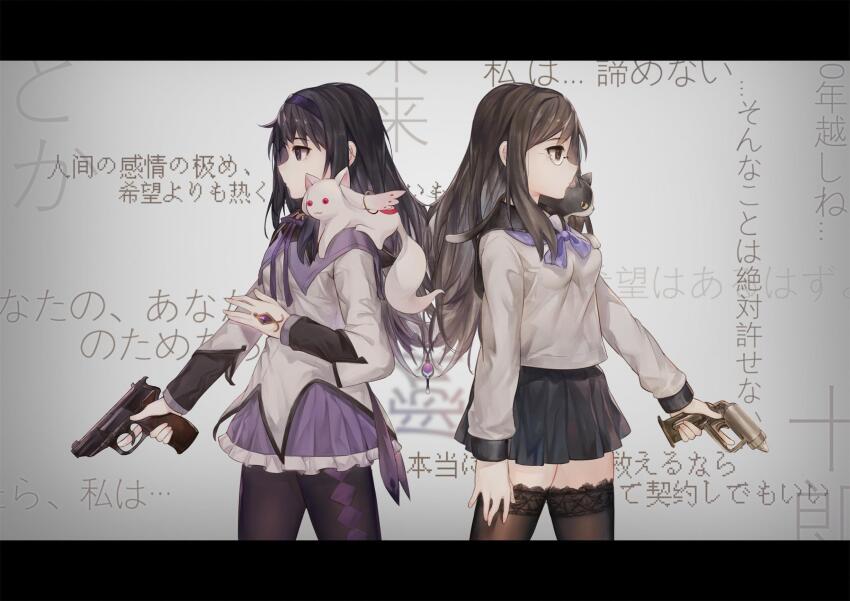 2girls akemi_homura akemi_homura_(magical_girl) animal animal_on_shoulder argyle_clothes argyle_legwear black_cat black_hair black_skirt bow cat cat_on_shoulder collared_cape crossover dark_orb_(madoka_magica) glasses grey_serafuku grey_shirt gun hairband handgun highres holding holding_gun holding_weapon homu juusan_kihei_bouei_ken kyubey lace lace-trimmed_legwear lace-trimmed_thighhighs lace_trim le_zhang_zhang long_hair long_sleeves magical_girl mahou_shoujo_madoka_magica mahou_shoujo_madoka_magica_(anime) miniskirt multiple_girls neckerchief pantyhose pleated_skirt purple_eyes purple_neckerchief rimless_eyewear sailor_collar school_uniform serafuku shippou_(juusan_kihei_bouei_ken) shirt skirt soul_gem thighhighs weapon yakushiji_megumi