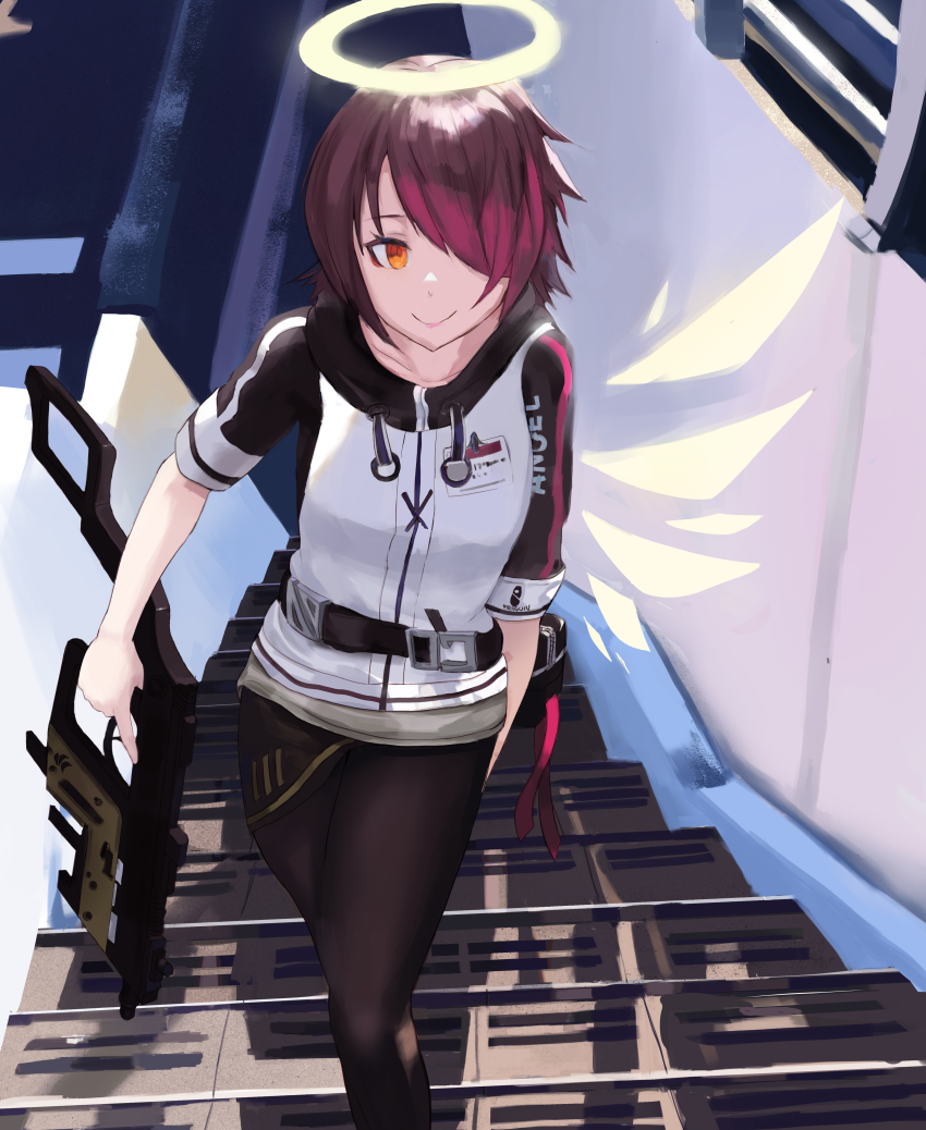 absurdres apple_pie arknights breasts exusiai_(arknights) gun halo highres jacket kriss_vector md5_mismatch pale_skin pantyhose red_hair resolution_mismatch source_smaller stairs submachine_gun subu_art weapon