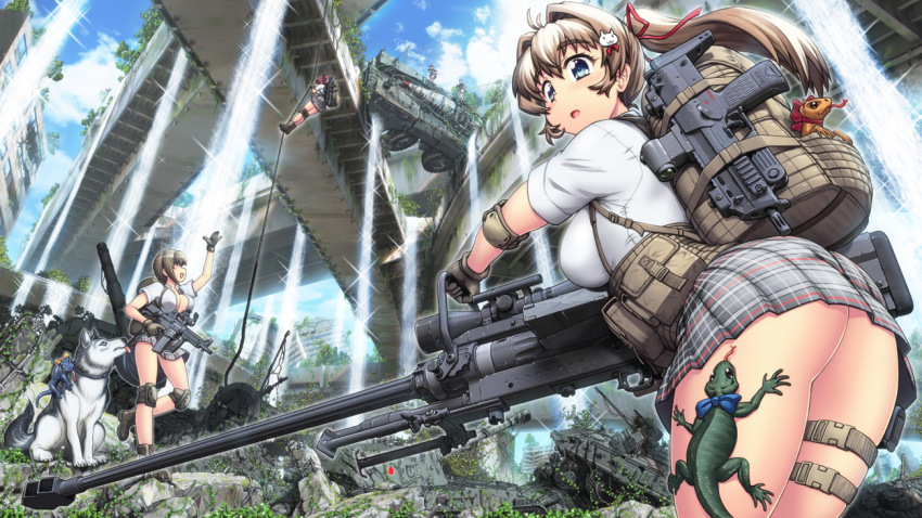 4girls armored_personnel_carrier armored_vehicle ass assault_rifle bent_over black_gloves blue_bow blue_eyes bow breasts brown_gloves brown_hair building cat_hair_ornament commentary_request dog elbow_pads gloves gun hair_intakes hair_ornament hase_yu holding holding_gun holding_weapon large_breasts lizard long_hair microphone motor_vehicle multiple_girls original plaid_clothes plaid_skirt pleated_skirt ponytail post-apocalypse pouch rappelling rifle rope ruins shirt skirt skyscraper submachine_gun tongue tongue_out waving weapon white_shirt