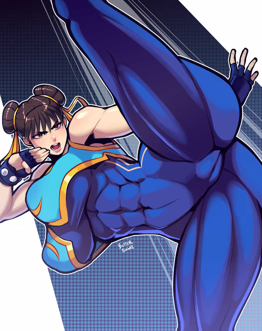 1girl abs artist_name ass breasts brown_hair butter_sugoi capcom chun-li fingerless_gloves gloves highres large_breasts patterned_background skin_tight spread_legs street_fighter street_fighter_zero_(series)