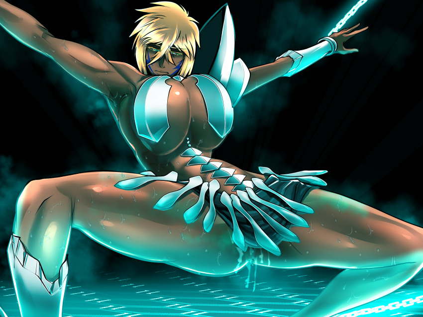 1girl armpit_crease armpits bleach bleach:_sennen_kessen-hen blonde_hair breasts chain chained colored_eyelashes cum cum_in_pussy cumdrip dark-skinned_female dark_skin espada facial_mark female_focus green_eyes highres large_breasts medium_hair shiny_skin skirt soyuz001 spread_legs thick_thighs thighs tier_harribel toned toned_female