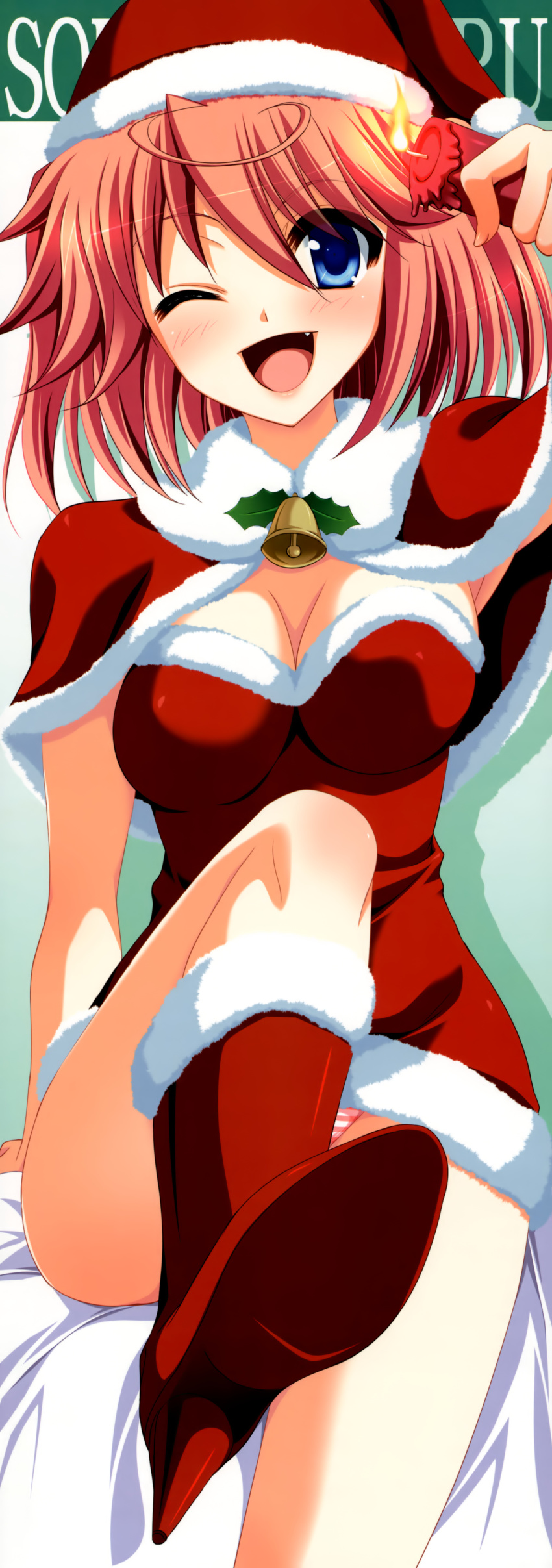 1girl ;d absurdres bell blue_eyes blush boots breasts candle christmas cleavage fang female_focus gradient_background hat high_heels highres holly long_image official_art one_eye_closed open_mouth panties pink_hair ribbon santa_costume santa_hat shin_genre_esudere!! shoes smile sobue_meguru solo striped_clothes striped_panties tall_image underwear wink yukizuki_chikuba