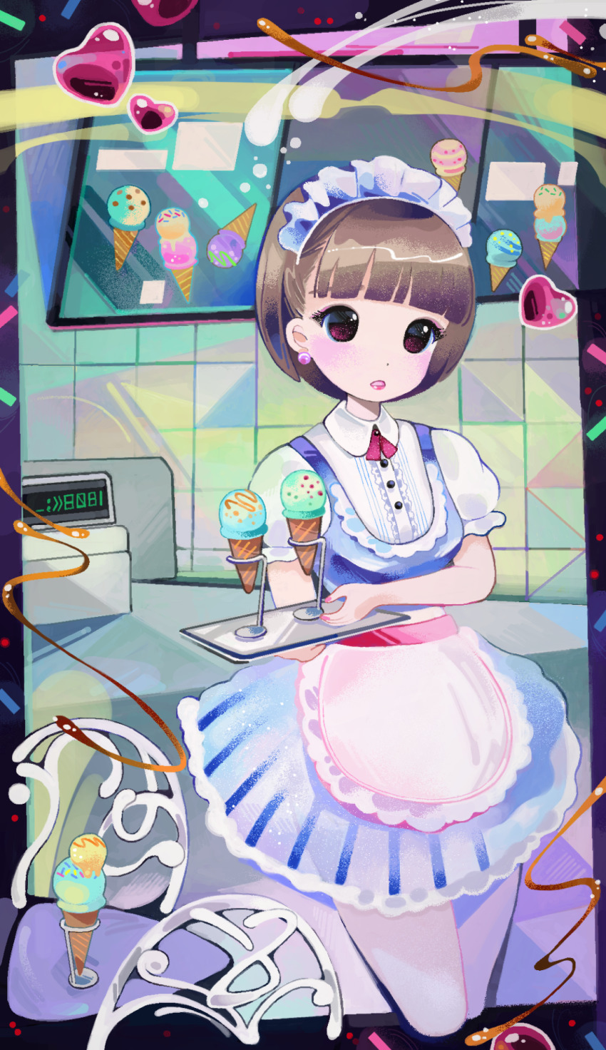 1girl apron blue_dress blunt_bangs blush border chair dress earrings female_focus food frills heart highres holding ice_cream ice_cream_cone itezanon jewelry lipstick maid_headdress makeup open_mouth original outside_border solo striped_clothes striped_dress waitress white_legwear