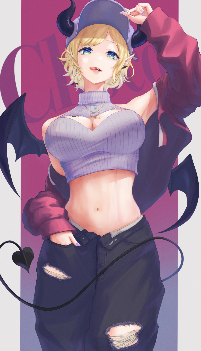 1girl absurdres armpits bare_shoulders baseball_cap black_horns black_pants black_tail black_wings blonde_hair blue_eyes breast_tattoo breasts character_name cleavage cleavage_cutout clothing_cutout cowboy_shot cropped_sweater demon_girl demon_horns demon_tail demon_wings denim grey_sweater hand_in_pocket hat highres hololive horns jacket large_breasts off_shoulder pants pink_jacket pointy_ears short_hair solo sweater tail tattoo tongue tongue_out torn_clothes torn_pants uple virtual_youtuber winged_heart wings yuzuki_choco