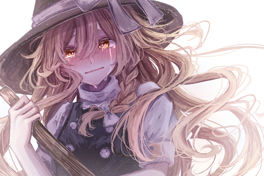 1girl annin_cha blonde_hair bloom blush bow braid broom crying crying_with_eyes_open eyebrows_hidden_by_hair gloves hair_between_eyes hat highres holding holding_broom kirisame_marisa long_hair looking_at_viewer short_sleeves simple_background solo tears touhou upper_body white_background witch_hat yellow_eyes