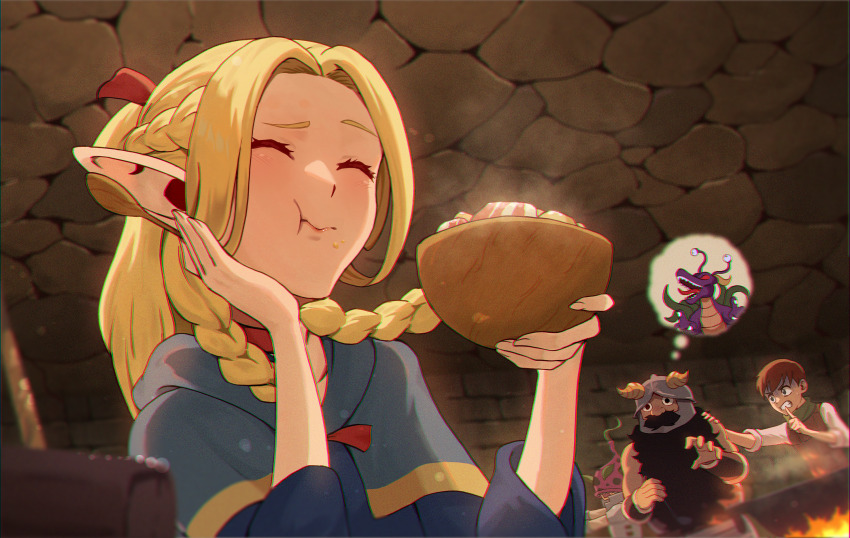 1girl 2boys beard blonde_hair blue_capelet blue_robe bowl braid brown_hair capelet chilchuck_tims closed_eyes closed_mouth dungeon_meshi dwarf eating elf facial_hair fake_horns food helmet highres holding holding_bowl horned_helmet horns long_beard long_hair marcille_donato matsumotoshinnnosuke multiple_boys multiple_braids pointy_ears red_ribbon ribbon robe senshi_(dungeon_meshi) short_hair speech_bubble spoon steam thought_bubble wooden_bowl wooden_spoon