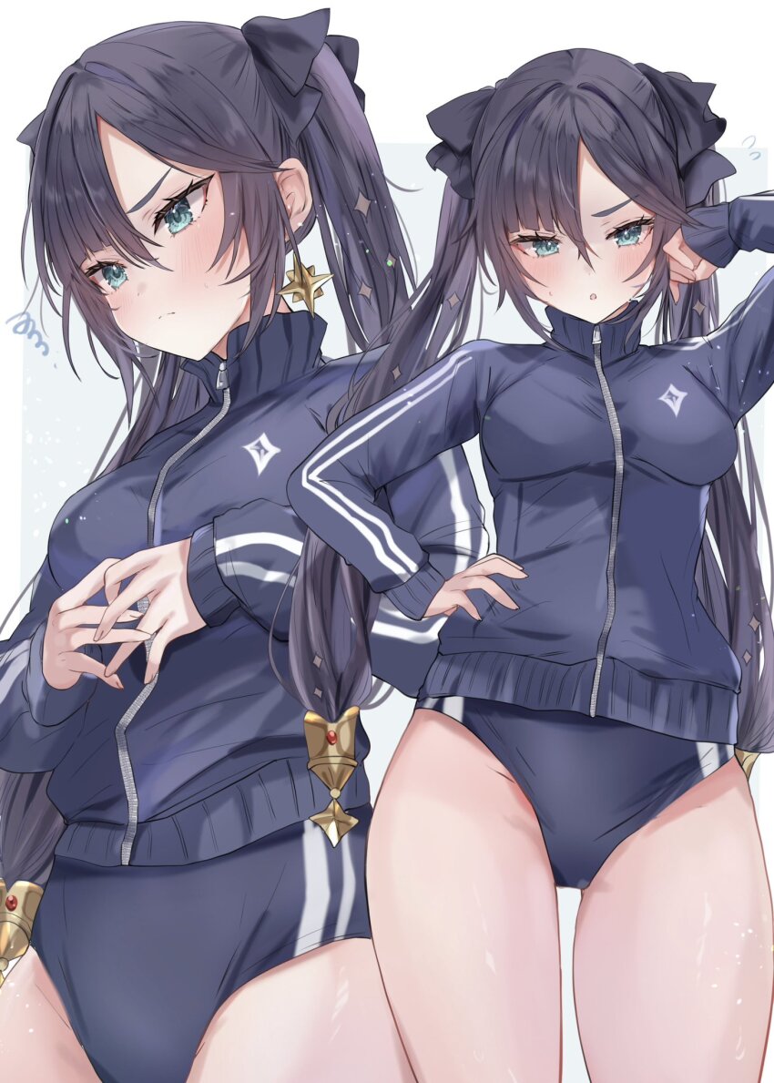 1girl adjusting_hair asymmetrical_bangs black_buruma black_hair black_jacket blush breasts buruma commentary earrings floating_earring flying_sweatdrops genshin_impact green_eyes hair_between_eyes hand_on_own_hip highres jacket jewelry long_hair long_sleeves looking_at_viewer maruro medium_breasts mona_(genshin_impact) multiple_views simple_background star_(symbol) star_earrings track_jacket twintails