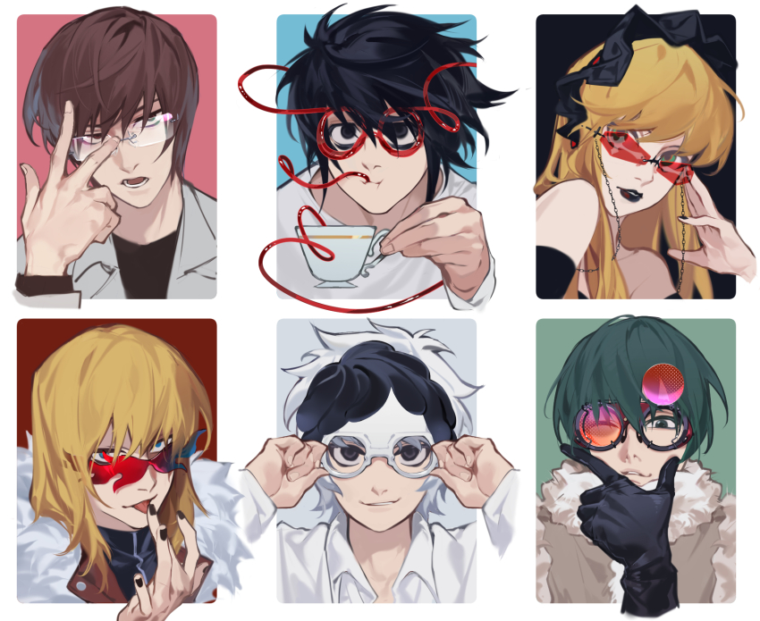 1girl 5boys adjusting_eyewear amane_misa bare_shoulders black_bonnet black_eyes black_gloves black_hair black_lips black_nails black_shirt blonde_hair blue_eyes bonnet brown_hair collared_shirt commentary cup death_note finger_gun fur_trim glasses gloves green_eyes green_hair highres holding holding_cup jacket l_(death_note) licking licking_finger long_hair looking_at_viewer matt_(death_note) mello_(death_note) mouth_hold multiple_boys near_(death_note) open_mouth red-tinted_eyewear saaak57587044 shirt short_hair simple_background stalk_in_mouth teacup tinted_eyewear tongue tongue_out white_background white_hair white_jacket white_shirt yagami_light