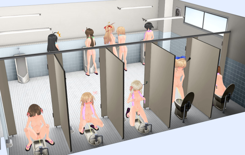 6+girls bathroom blonde_hair blue_bow blush bow brown_hair censored green_eyes heart multiple_girls peeing red_ribbon ribbon sandals squatting standing tagme toilet toilet_use towel urinal urinal_use