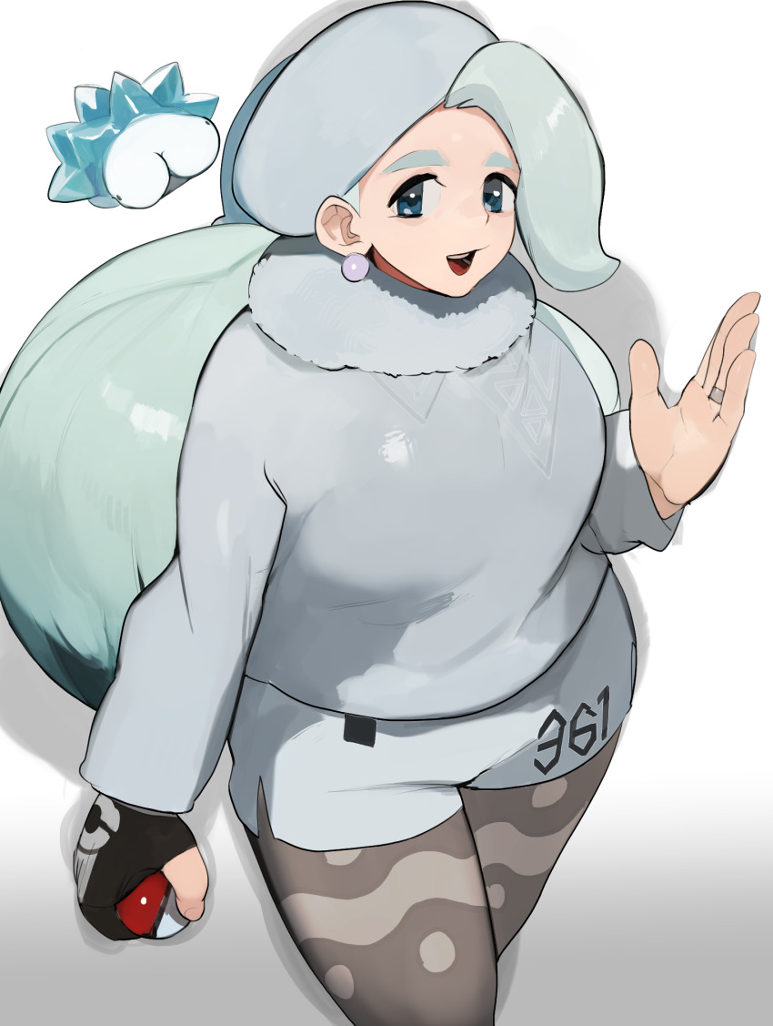 1girl :d aqua_hair arm_at_side black_gloves blue_eyes breasts creatures_(company) earrings fur_scarf game_freak gen_8_pokemon gloves gradient_background grey_pantyhose hand_up hat highres holding holding_poke_ball jewelry long_hair long_sleeves mature_female melony_(pokemon) nintendo number_print open_mouth pantyhose pantyhose_under_shorts partially_fingerless_gloves pearl_earrings poke_ball poke_ball_(basic) pokemon pokemon_(creature) pokemon_swsh raichiyo ring scarf shorts side_slit side_slit_shorts single_glove smile snom sweater tareme teeth ushanka wedding_ring white_hat white_scarf white_shorts white_sweater