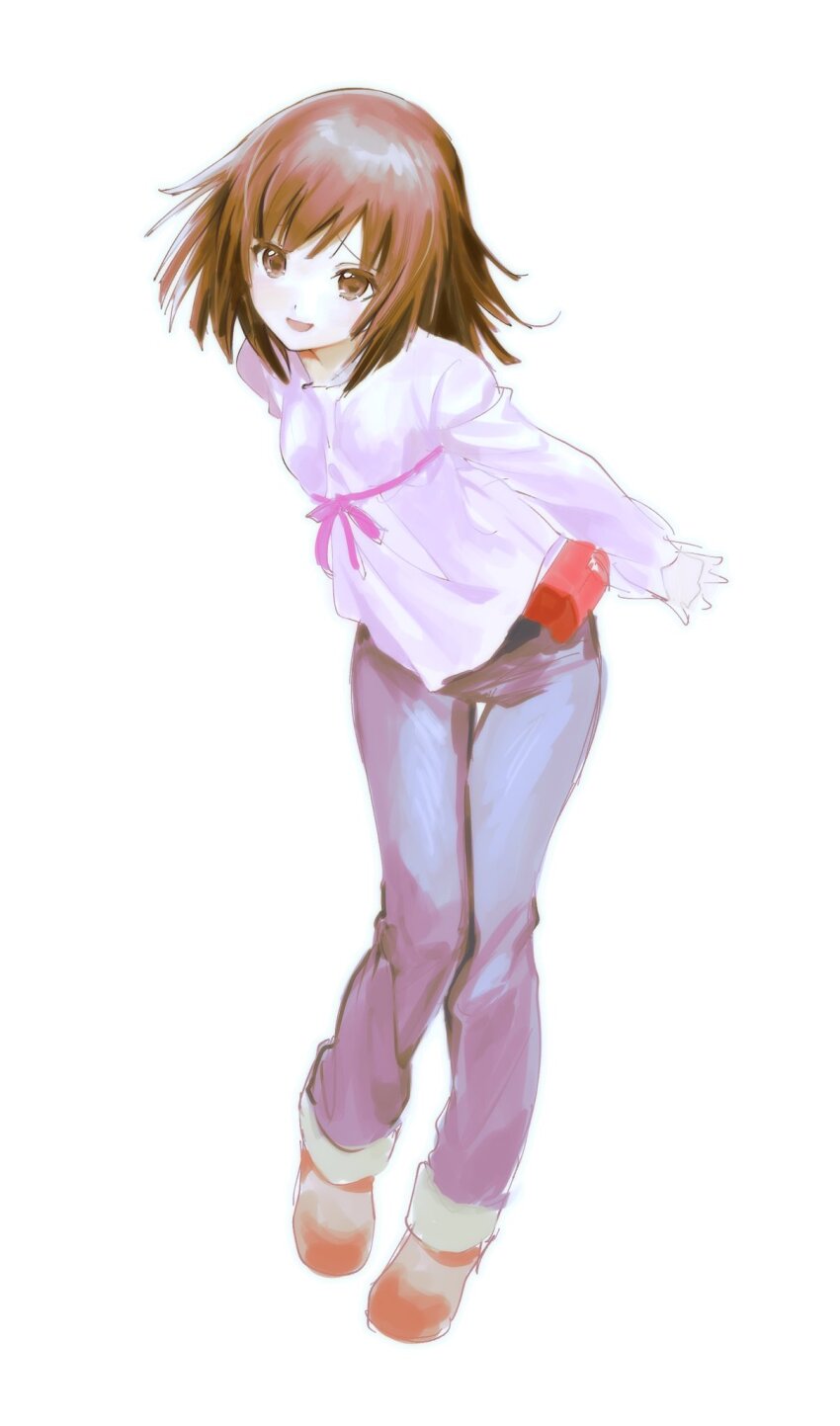 1girl arms_behind_back bakemonogatari blunt_ends boots breasts brown_hair deezydays denim highres jeans monogatari_(series) pants pink_shirt ribbon sengoku_nadeko shirt simple_background small_breasts smile white_background