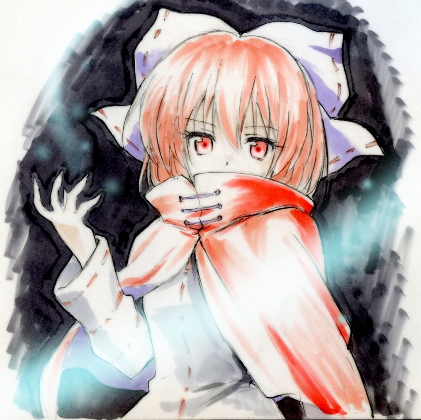 1girl beluo77 black_shirt blue_bow bow breasts cape cloak commentary_request hair_bow highres long_sleeves red_cape red_cloak red_eyes red_hair sekibanki shirt short_hair small_breasts solo touhou traditional_media upper_body