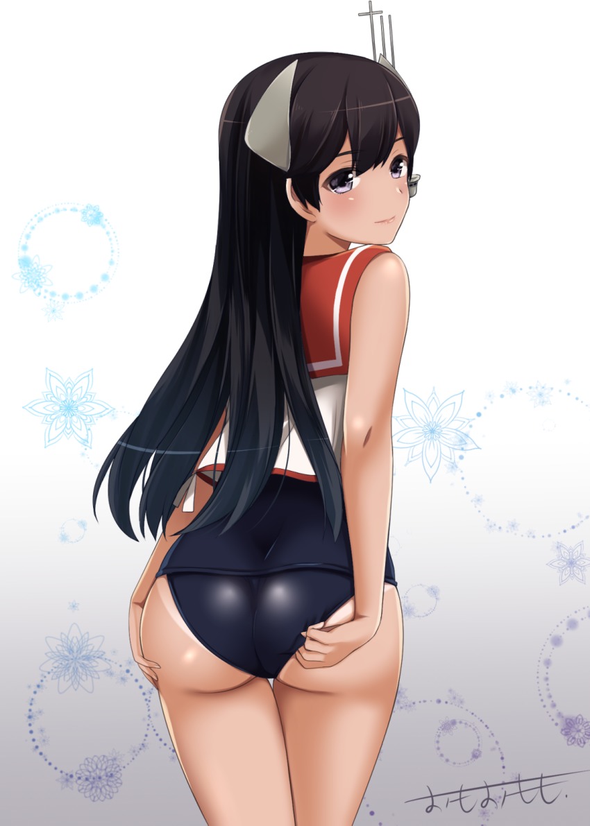 1girl artist_name bad_id bad_pixiv_id black_hair black_one-piece_swimsuit blouse dress female_focus highres i-400_(kancolle) kantai_collection long_hair old_school_swimsuit omoomomo one-piece_swimsuit purple_eyes sailor_collar sailor_shirt school_swimsuit shirt sleeveless sleeveless_dress sleeveless_shirt smile solo swimsuit swimsuit_under_clothes white_shirt