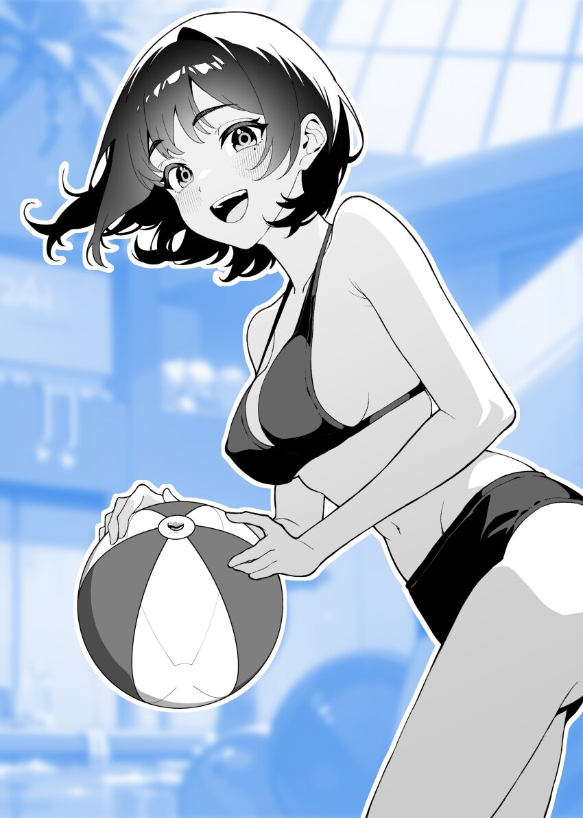 +++ 1girl :d absurdres ball beachball bikini blue_background blurry blurry_background breasts commentary_request cowboy_shot greyscale_with_colored_background highres holding holding_ball holding_beachball looking_at_viewer maika_(ogata) medium_breasts mole mole_under_eye navel ogata_(ogt_illust) open_mouth original outline short_hair smile solo stomach strap_gap swept_bangs swimsuit teeth textless_version upper_teeth_only white_outline